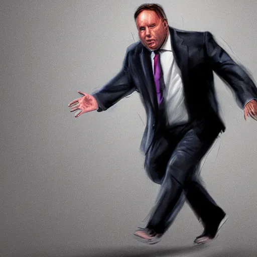 Image similar to Scared and frantic Alex Jones running from men in suits, digital painting, hype realistic, trending on art station