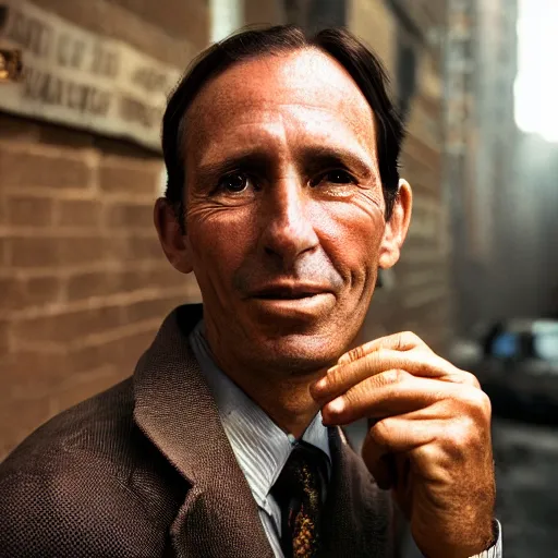 Image similar to closeup portrait of a snake oil salesman in a smoky new york back street, by Annie Leibovitz and Steve McCurry, natural light, detailed face, CANON Eos C300, ƒ1.8, 35mm, 8K, medium-format print