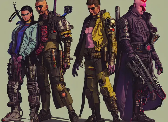 Prompt: cyberpunk samurai kill team. portrait by stonehouse and mœbius and will eisner and gil elvgren and pixar. character design. realistic proportions. cyberpunk 2 0 7 7 character art, blade runner 2 0 4 9 concept art. cel shading. attractive face. thick lines. the team. diverse characters. shadowrun. artstationhq.