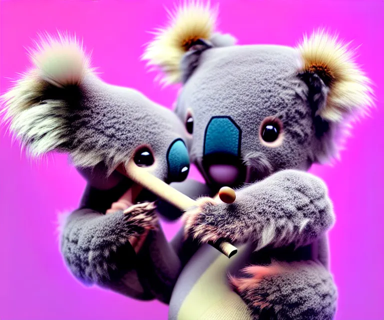 Image similar to high quality 3 d render hyperrealistic very cute small koala smoking weed, plush mascot, short spiky dense fluffy smooth hair, photo from the side, pink fluffy fur, 1 5 0 mm, beautiful natural soft light, rim light, vray, smooth background, artstation, ultra detailed