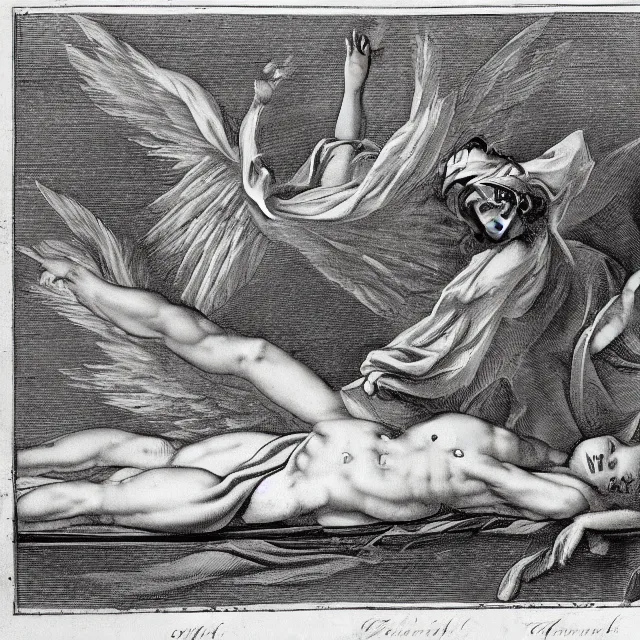 Image similar to autopsy of an angel, 18th century drawing, black and white, concept art