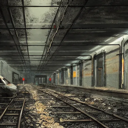 Image similar to An abandoned post apocalyptic subway station with an old decaying train, overgrown, sunlight, concept art, award winning