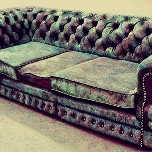 Image similar to couch sofa chesterfield flying through space psychedelic trippy eldritch horror cartoon