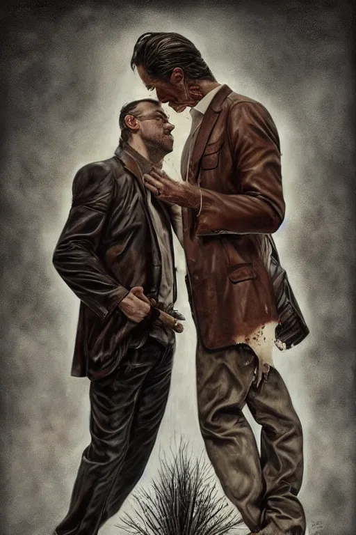 Image similar to a bloody and beaten man in a brown leather jacket and a sophisticated man in a pristine white shirt. in the style of of true detective fanfare. art by tomasz alen kopera and glenn fabry.