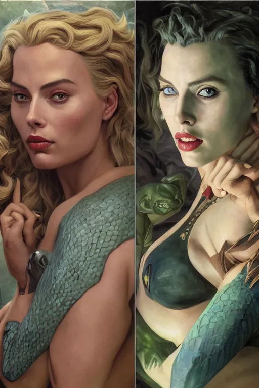 Prompt: A fantasy comic book style portrait painting of Margot Robbie, Scarlett Johansson, as an Atlantean Reptilian Warrior, Mystical Valkyrie, François Boucher, Oil Painting, unreal 5, DAZ, hyperrealistic, octane render, Regal, Refined, Detailed Digital Art, RPG portrait, William-Adolphe Bouguereau, Michael Cheval, Walt Disney (1937), Steampunk, dynamic lighting, Highly Detailed, Cinematic Lighting, Unreal Engine, 8k, HD