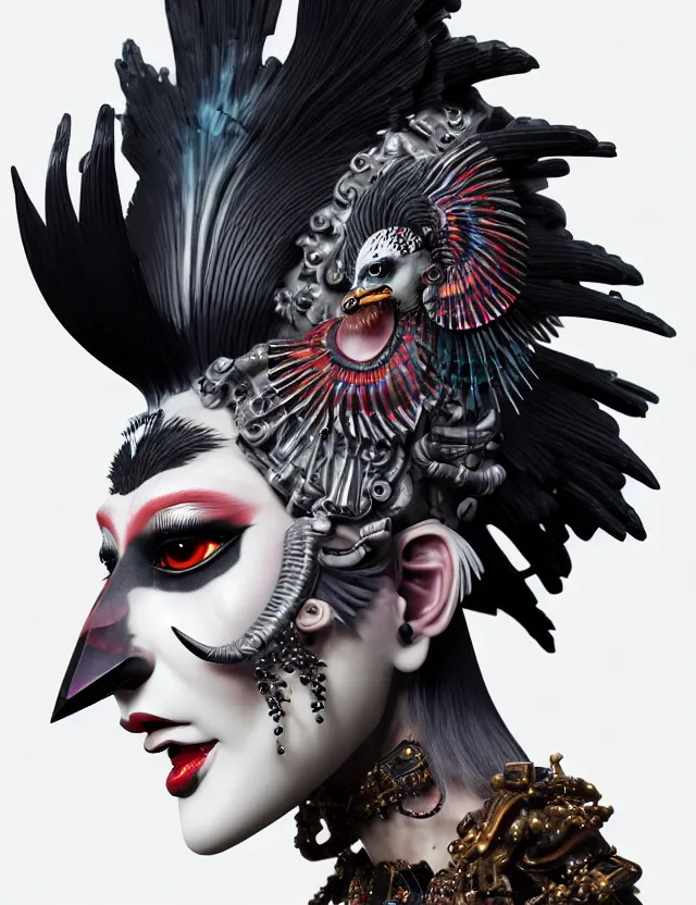 Image similar to 3 d goddess close - up profile portrait punk with mohawk with ram skull. beautiful intricately detailed japanese crow kitsune mask and clasical japanese kimono. betta fish, jellyfish phoenix, bio luminescent, plasma, ice, water, wind, creature, artwork by tooth wu and wlop and beeple and greg rutkowski