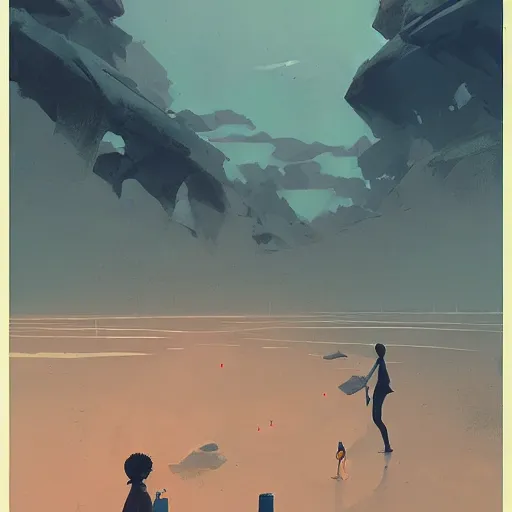 Image similar to a beach, highly detailed, by Atey Ghailan, by Loish, by Bryan Lee O'Malley, by Cliff Chiang, by Greg Rutkowski, inspired by image comics, inspired by graphic novel cover art, inspired by nier!! Gradient color scheme ((grafitti tag brick wall background)), trending on artstation