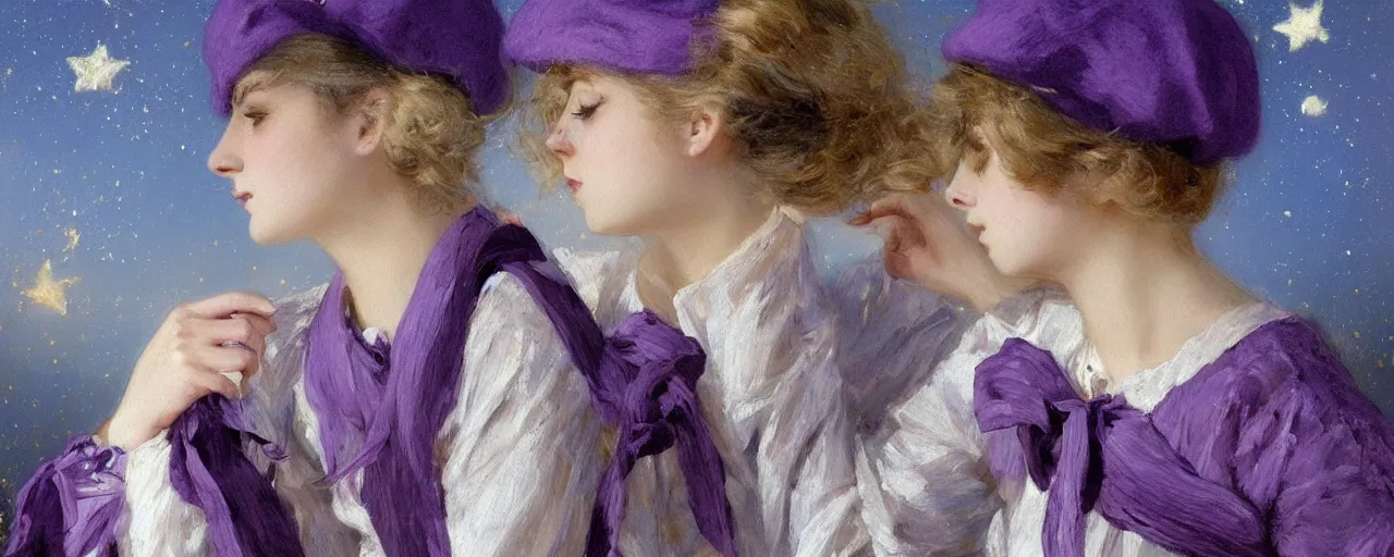 Prompt: A painting of many mysterious girls with short blond hair wearing an oversized purple Beret, Baggy Purple overall shorts, Short Puffy pants made of silk, silk shoes, a big billowy scarf, Golden Ribbon, and white leggings Covered in stars. Short Hair. Sunlit. Haute Couture. Dreamlike. Cloudscape. Fantasy Illustration. Art by william-adolphe bouguereau and Alexandre Cabanel and Anna Dittmann and WLOP and Artgerm and Johannes Helgeson. Smooth. Elegant. Highly Detailed. Intricate. 4K. UHD. Denoise.