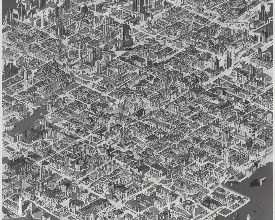 Image similar to theme park style isometric map of Washington, D.C. by Hasui Kawase and Lyonel Feininger