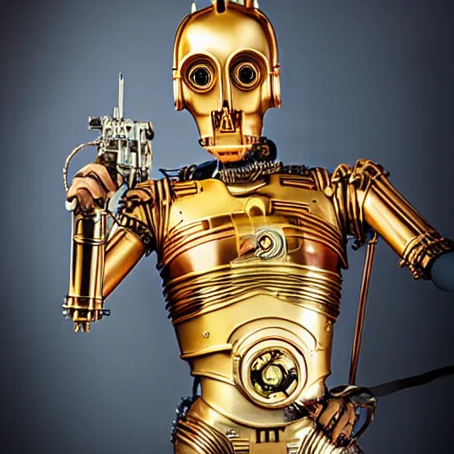 Image similar to steampunk version of c 3 po, promotional photo, studio lighting