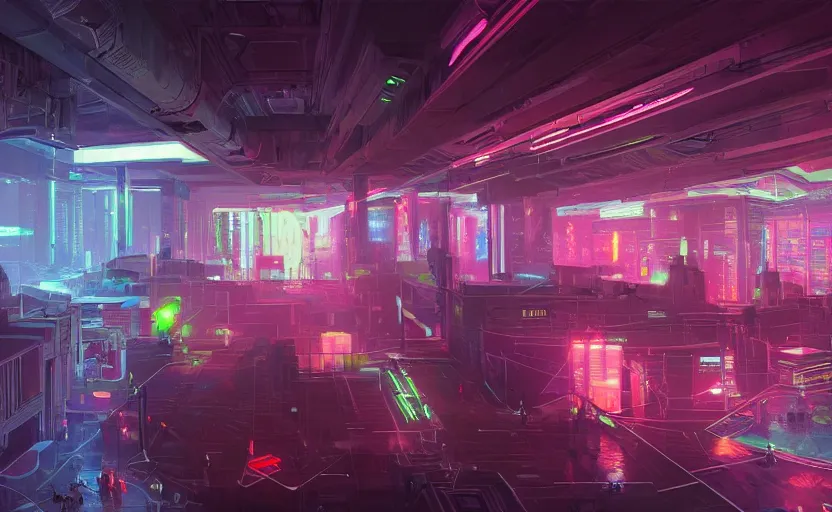 Prompt: playing area, indoor, neon lights, cyberpunk, highly detailed, digital painting, architecture, artstation, concept art, sharp focus, illustration