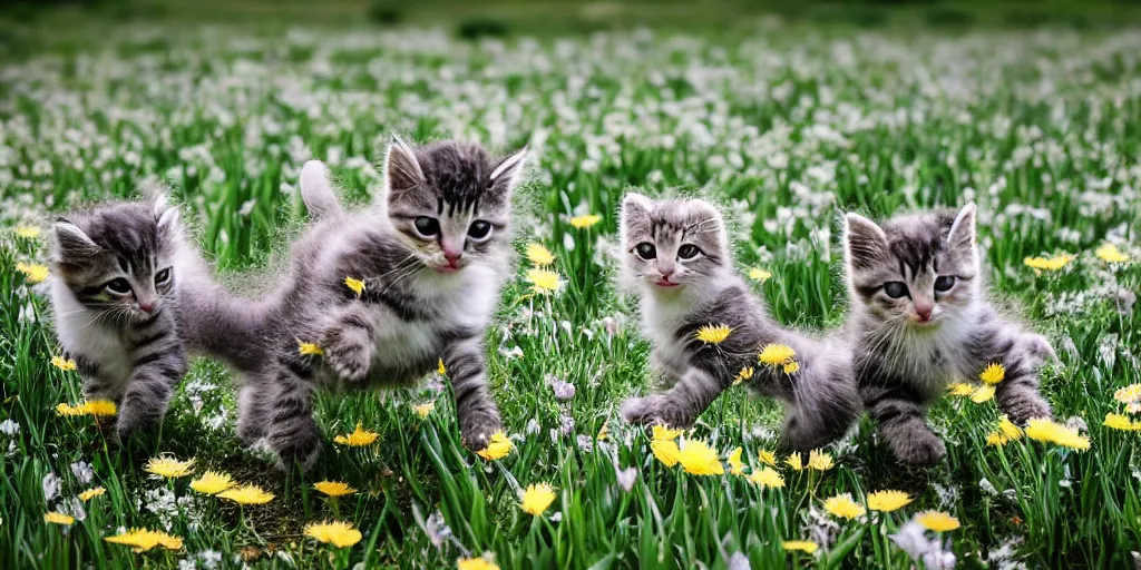 Prompt: wide angle action photos of kittens frollicking down a field of flowers and dandilion fluff, jumping in the air for joy, fun, cute, adorable, lovely spring day, soft focus, in the style of a nature documentay