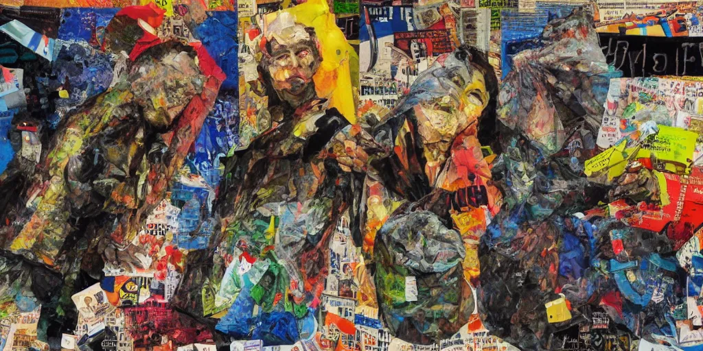 Image similar to mad trash bags, collage, acrylic on canvas, expressionism movement,, ultra detailed, breathtaking detailed, by blake neubert