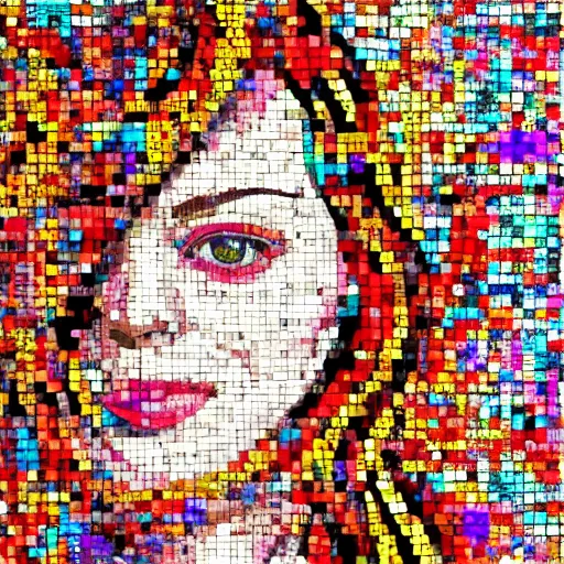 Prompt: greek mosaic made of colorful pebbles depicting emma stone, significant boundaries of the pebbles, vibrant and matching colors, red hair, sexy hot body, lovely and symmetrical face, most beautiful and colorful mosaic in the history, character design by akihiko yoshida