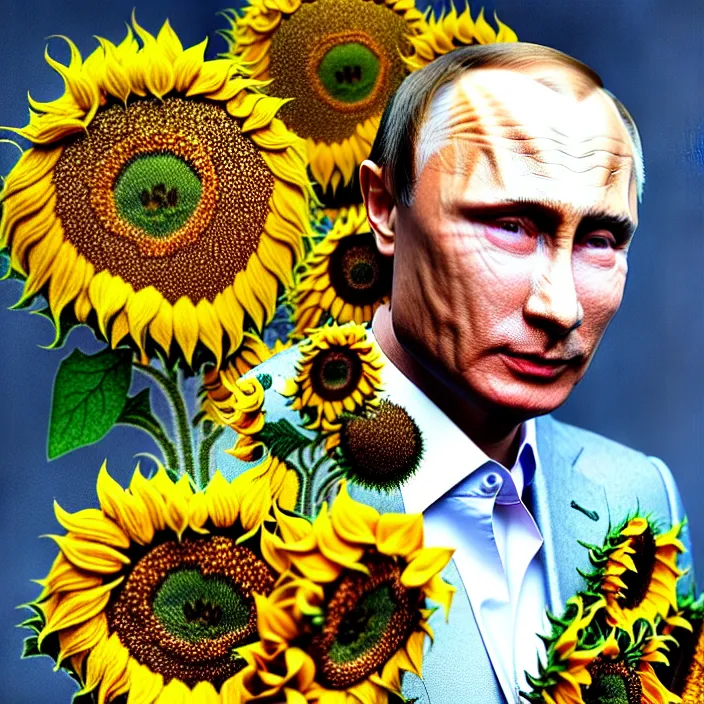 Prompt: photo portrait of Vladimir Putin - sunflowers - dressed in leisure suit with ornamental ethereal sunflower pattern, natural skin tone, highly detailed realistic flowers ornament in the upper side of breast, hair, eyebrows and wrinkles are intricate with highly detailed realistic flowers, elegant, Realistic, Refined, Highly Detailed, natural soft pastel lighting colors scheme, fine art photography by Cecil Beaton, volumetric lighting, hyper realistic photography