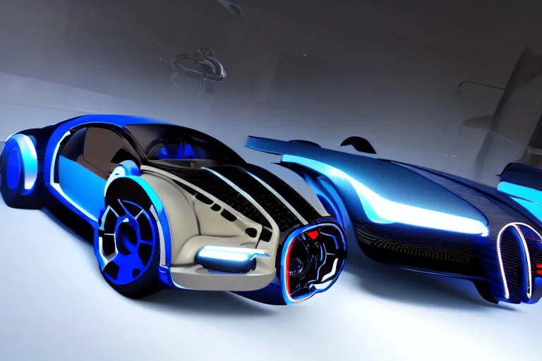 Image similar to cyberpunk bugatti concept inspired sports car, futuristic look, highly detailed body, very expensive, photorealistic camera shot, bright studio setting, studio lighting, crisp quality and light reflections, unreal engine 5 quality render