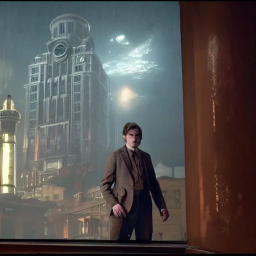 Image similar to screen capture from a live - action bioshock movie. andrew ryan, played by evan peters, is shown standing in an turn of the century style office front of an immense window looking out into the underwater city of rapture. the lights of the city are shining in the distance and an abundance of sea life is shown.