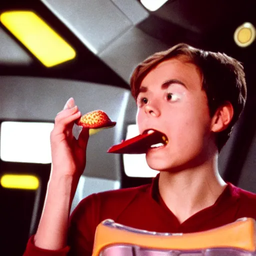 Image similar to Wesley Crusher from the USS Enterprise eating a strawberry icecream in the holodeck, set photo, candid, film grain