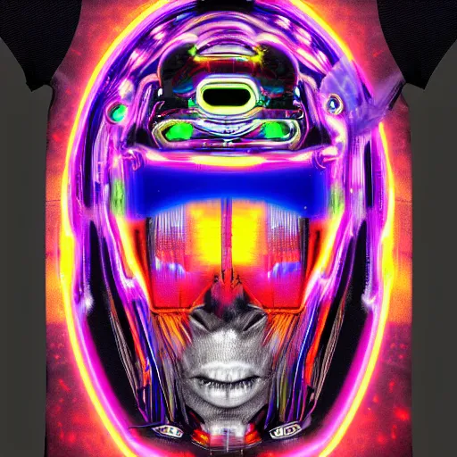 Image similar to black tshirt with a hyperdetailed portrait of a futuristic trippy fantasy punk robot, 8 k, symetrical, flourescent colors, halluzinogenic, multicolored,