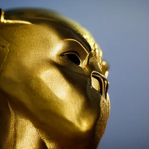 Image similar to a close up photo of a detailed golden statue of Black Panther, 8K,