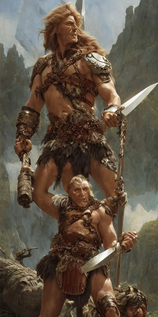 Prompt: kirk douglas as a barbarian, with a beautiful fantasy maiden, dungeons and dragons, masterpiece by edgar maxence and ross tran and michael whelan, gustav dore, 8 k, octane render