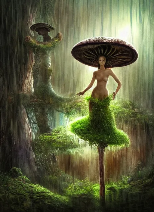 Image similar to a beautiful fantasy woman makes camp under a large mushroom, moss, dewdrops, rainstorm, watercolor, dramatic lighting, cinematic, establishing shot, extremely high detail, foto realistic, cinematic lighting, pen and ink, intricate line drawings, by Yoshitaka Amano, Ruan Jia, Kentaro Miura, Artgerm, post processed, concept art, artstation, matte painting, style by eddie mendoza, raphael lacoste, alex ross,