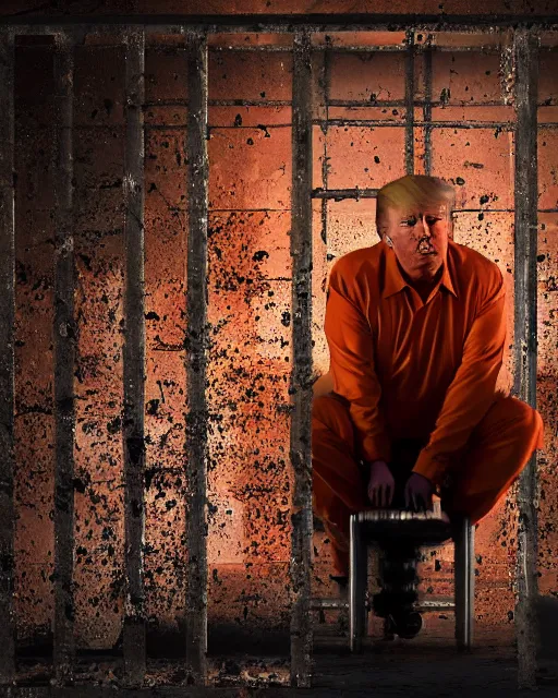 Prompt: a head and shoulders portrait of Donald trump behind bars, wearing a orange jumpsuit, sitting on a toilet in a filthy rat infested concrete jail In a maximum security prison, dimly lit, volumetric lighting, arney freytag, craig mullins and Annie Leibowitz, octane, 8k,