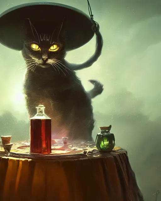 Prompt: oil painting of cat witch brewing potion, sharp focus, fantasy style, octane render, volumetric lighting, 8k high definition, by greg rutkowski, highly detailed, trending on art Station, magic the gathering artwork, Alchemist lab backround, centered