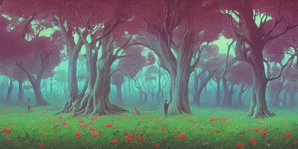 Prompt: 90s oak trees forest with big wild flowers windows, figures, soft neon lights, bright colors, cinematic, cyberpunk, smooth, chrome, lofi, nebula, calming, dramatic, fantasy, by Moebius, by zdzisław beksiński, fantasy LUT, studio ghibli, high contrast, epic composition, sci-fi, dreamlike, surreal, angelic, 8k, unreal engine, hyper realistic, fantasy concept art, XF IQ4, 150MP, 50mm, F1.4, ISO 200, 1/160s, natural light, Adobe Lightroom, photolab, Affinity Photo, PhotoDirector 365