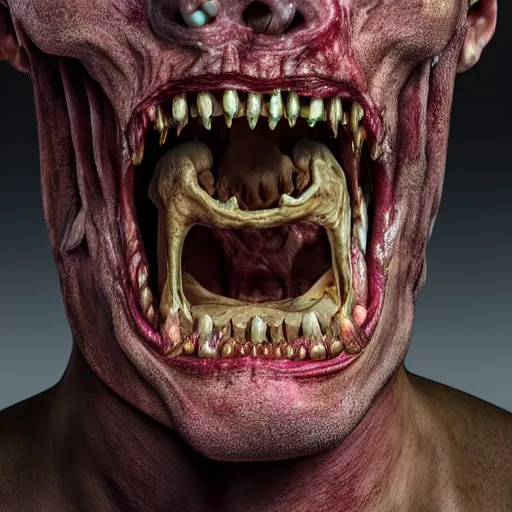 Prompt: full body, horrifying, killer, creepy, dead, open mouth, snapped jaw, detailed, 8 k, hyperrealistic, dramatic lighting, high resolution, cinematic