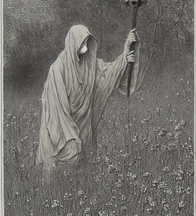 Image similar to grim reaper with no face at distance in beautiful meadow of flowers, detailed pencil illustration by gustave dore, highly detailed, centered, high resolution, smooth, sharp focus, illustration