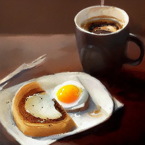 Prompt: egg on toast with coffee, by greg rutkowski