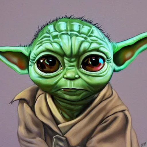 Image similar to very very cute portrait of baby Yoda with the face of Nathan Fillion by Sandra Chevrier