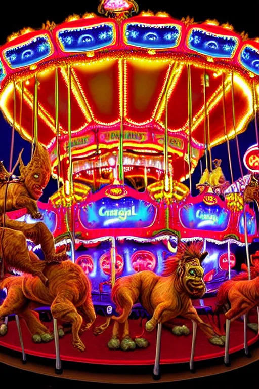 Image similar to a hyperrealistic detailed painting of an ornate carnival with glowing lights, colorful, chimeric nightmare horror creatures riding on carousel. cinematic lighting, depth perspective, depth of field, by chris cunningham and richard corben, highly detailed, vivid color,