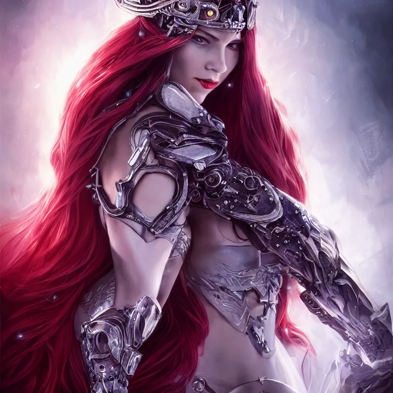 Image similar to beautiful cinematic fantasy poster, beautiful female cyborg vampire wearing a jeweled silver crown with brilliant silver flowing hair, beautiful red glowing eyes, wideshot ultrawide angle epic scale, hybrid from The Elden Ring and art direction by Darius Zawadzki ;by artgerm; wayne reynolds art station; cinematic quality character render; low angle; ultra high quality model; production quality cinema model;