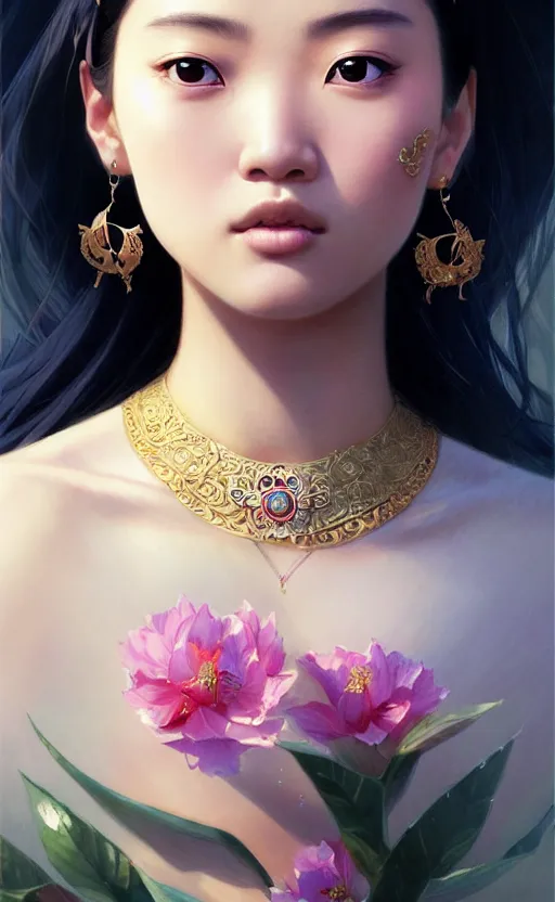 Image similar to a beautiful young charming asian goddess with sundress + jewelry + shinny eyes | | winter, symmetric, realistic shaded, unpleasant face, good looking, fine details, dior, lv, realistic shaded lighting poster by greg rutkowski, macoto takahashi, magali villeneuve, artgerm, jeremy lipkin and michael garmash