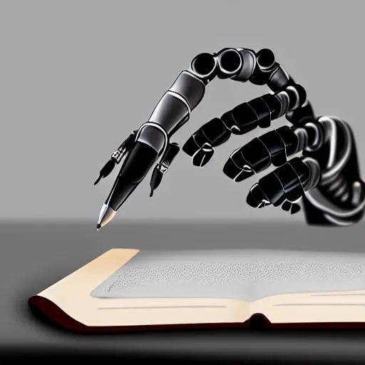 Image similar to photorealistic robot studying using a pen on a book, school chair and table, close shot, cinematic, ultra - detailed, 8 k,