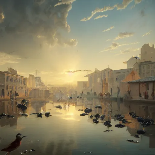 Image similar to a movimented market painted by jan baptist huysmans, reflective water, waterfals, birds, nature, middle east, epic painting, cgsociety, beautiful, semirealism, artstation, volumetric light, octane render, sharpness, 8 k, golden ratio