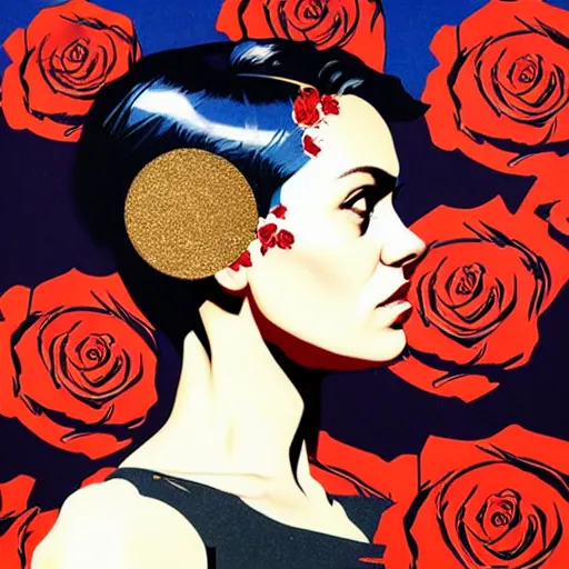 Image similar to portrait of british woman :: side profile :: in ocean :: roses and guns metal details :: gold :: blood and horror :: by marvel and Sandra Chevrier