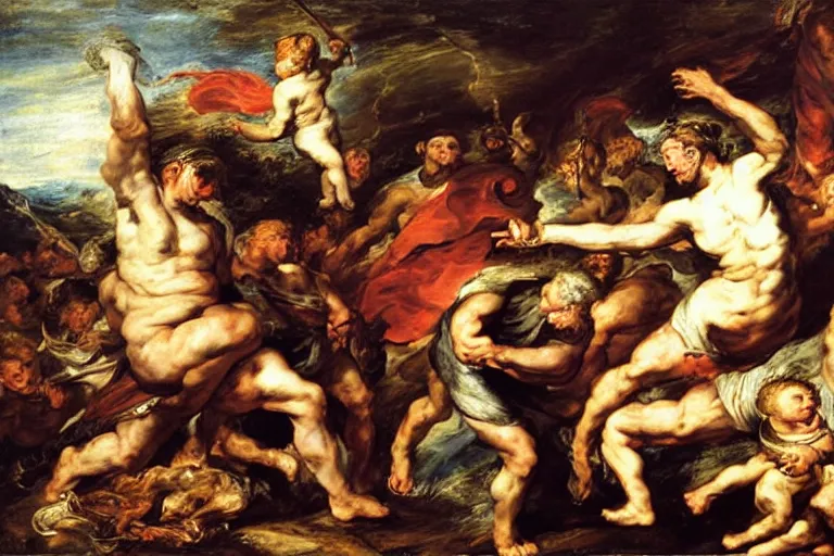 Prompt: Prometeus gifting art to humankind by Rubens and Delacroix, oil painting, hyper detailed, masterpiece, stylized