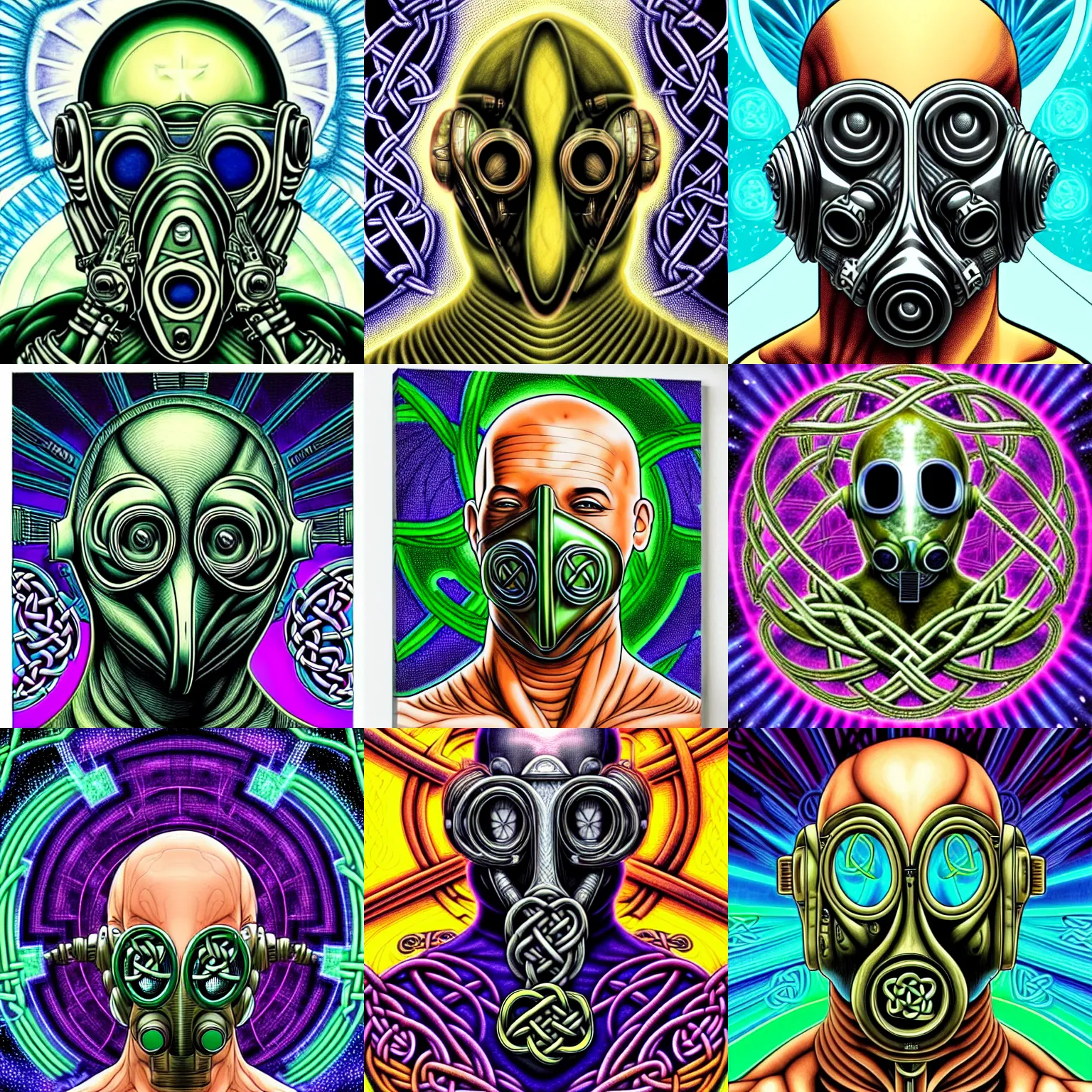 Prompt: a detailed image of a fashionable vin diesel extraterrestrial wearing a celtic knot cybernetic majick gas mask background is a tropical island in the style of william blake and alex grey and escher in the style of dark fantasy, fantasy, art deco, magic realism, award winning art, muted colors,