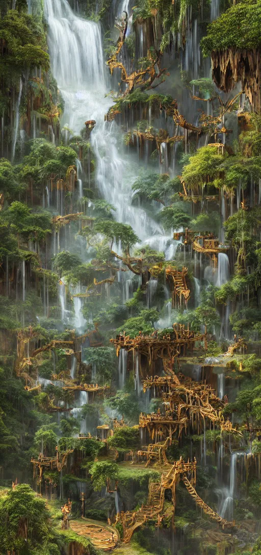 Image similar to wooden elven City with golden roofs, arches and bridges on top of a WATERFALL in the fall, gnarly trees, lush vegetation, forrest, a small stream runs beneath the waterfall, landscape, raphael lacoste, eddie mendoza, alex ross, john howe, concept art, matte painting, highly detailed, rule of thirds, dynamic lighting, cinematic, detailed, denoised, centerd, clean render