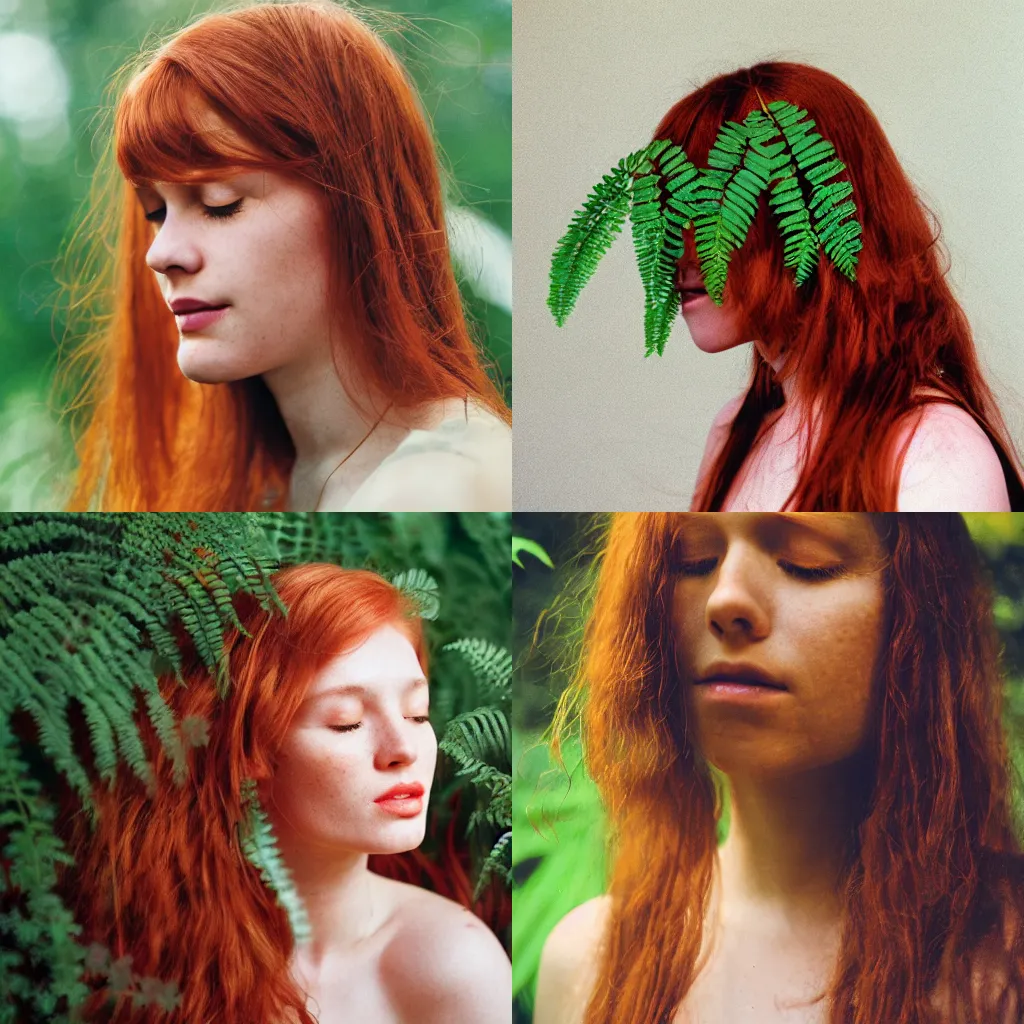 Prompt: An analog head and shoulder frontal face portrait photography of a redhead woman behind multiple fern leaves. Long hair. eyes closed. Agfa Vista 800 film. Sunshine. detailed. hq. realistic. Rembrandt light style. warm light. muted colors. lens flare. photoreal. Bloom and glare. Leica M8.