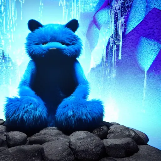 Prompt: a friendly blue furry monster in a cave meditating. glowing crystals. concept art. wet. reflections. waterfall. pond. dark background. semi-realistic. cgi render