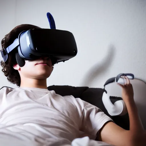 Image similar to a stock photo of a teenage boy laying in bed with a bunch of stuff wearing a VR-headset, featured on flickr, cluttered room