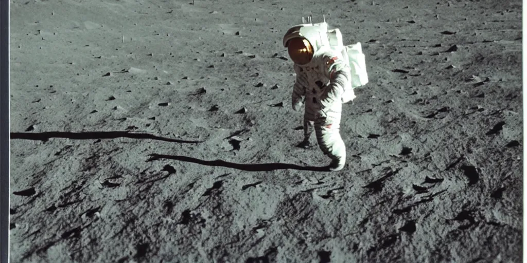 Image similar to polaroid photo of spaceman landing on the moon