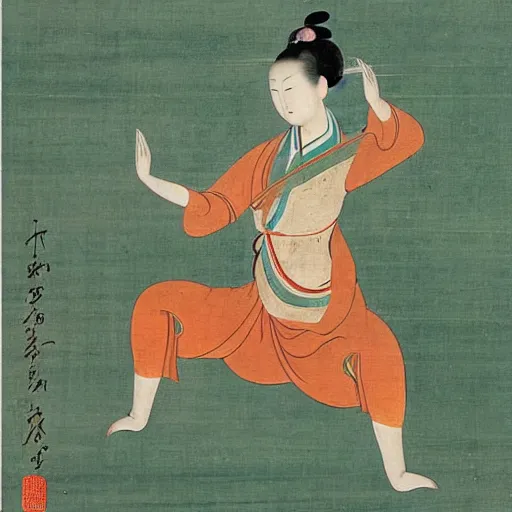 Prompt: the Chinese ancient painting of a lady doing yoga in Tang Dynasty , by Han Xizai