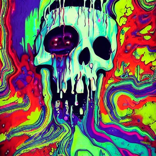 Prompt: drippy, dripping paint, skull, trippy, glitch, miyazaki style, exaggerated accents