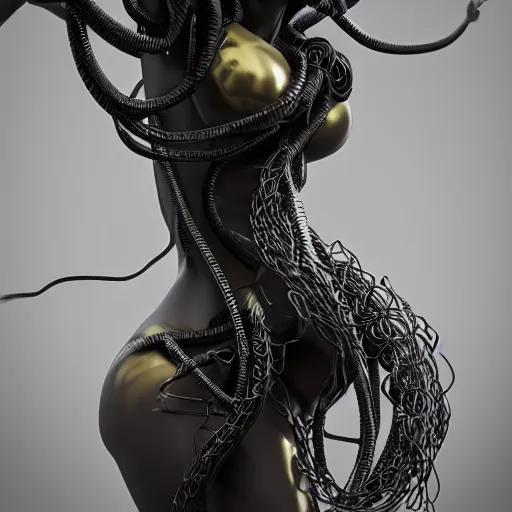 Image similar to concept art of hard surface statue of gorgeous medusa gorgon, black onyx details, black and gold wires, by jama jurabaev, hyper realistic render, super detailed, photo quality, octane render, corona render