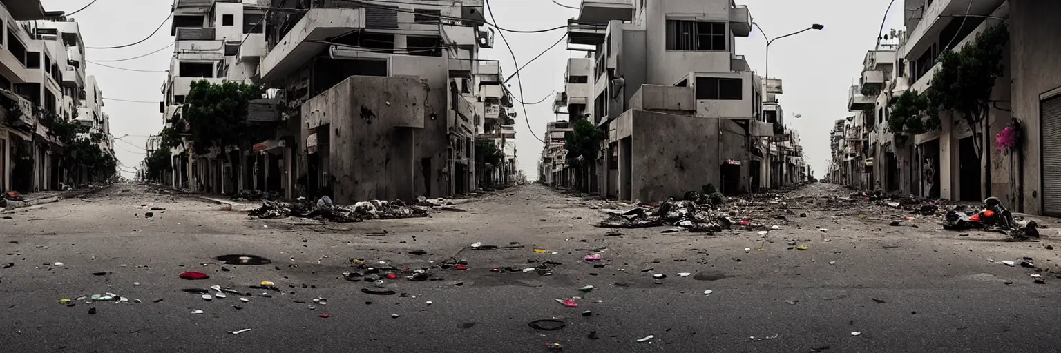 Image similar to sad and disturbing photo of the empty streets of tel aviv, israel, rotting, summer, morning, vivid colors, neon, art by gregory crewdson and artgerm and wlop and william - adolphe bouguereau